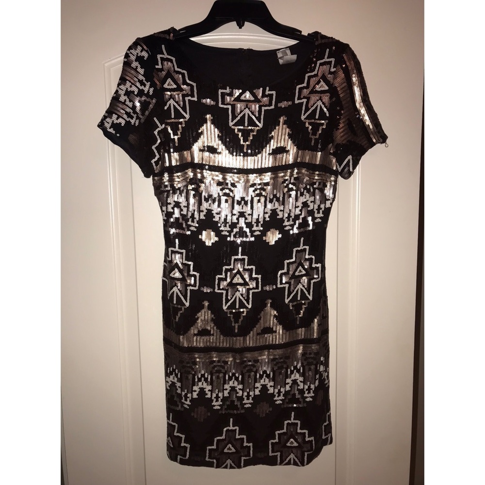 Aztec print sequin black dress